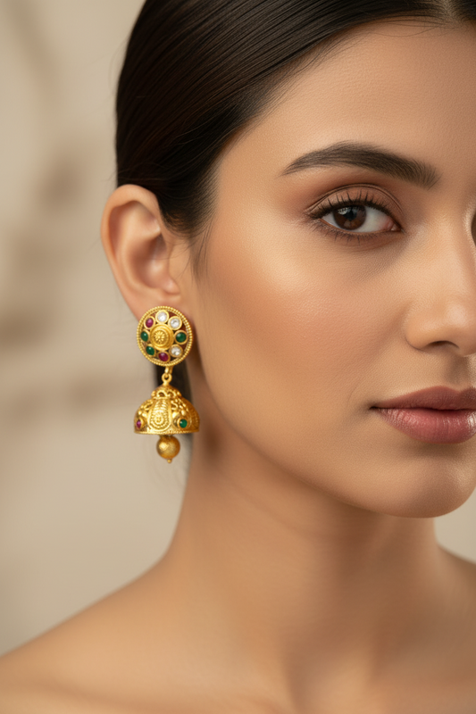 Gold Jhumkis with Colourful Stones