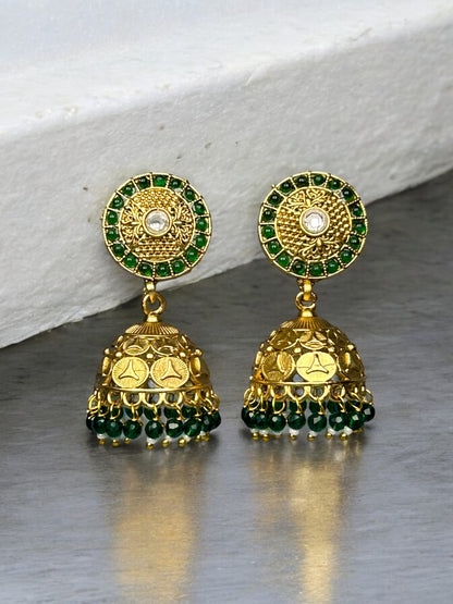 Gold Jhumkas with Emerald Beads