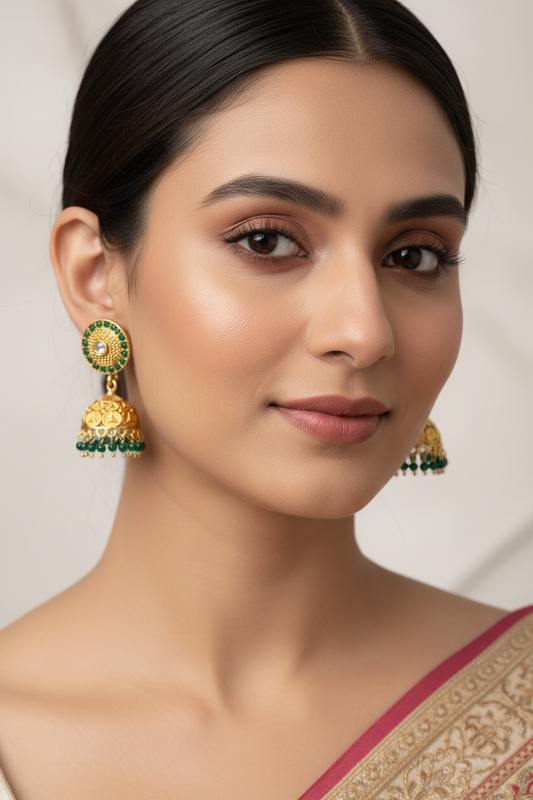 Gold Plated Jhumkis with Emerald Beads