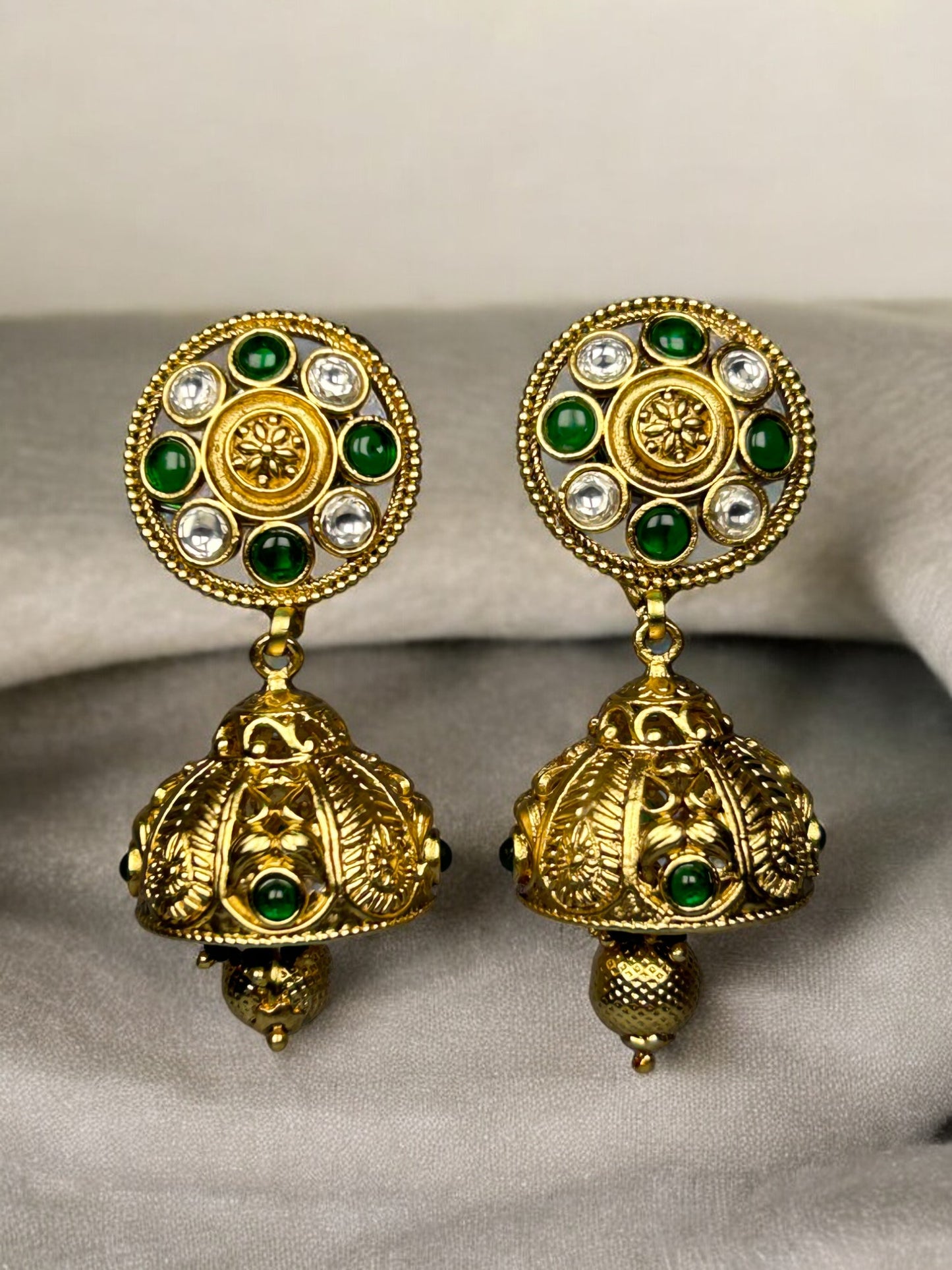 Gold Jhumkas with AD and Emerald