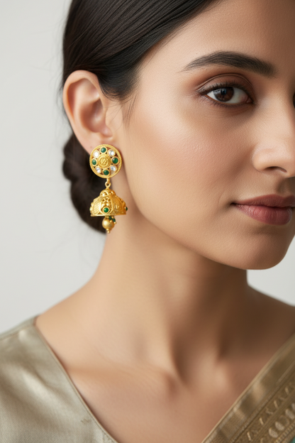 Gold Jhumkas with AD and Emerald