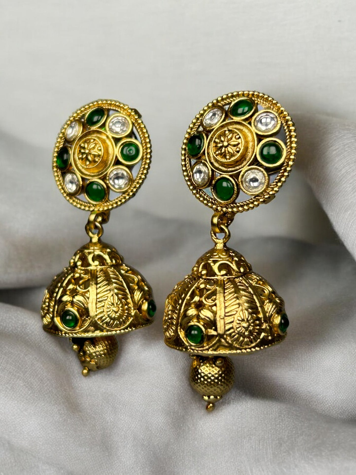 Gold Jhumkas with AD and Emerald