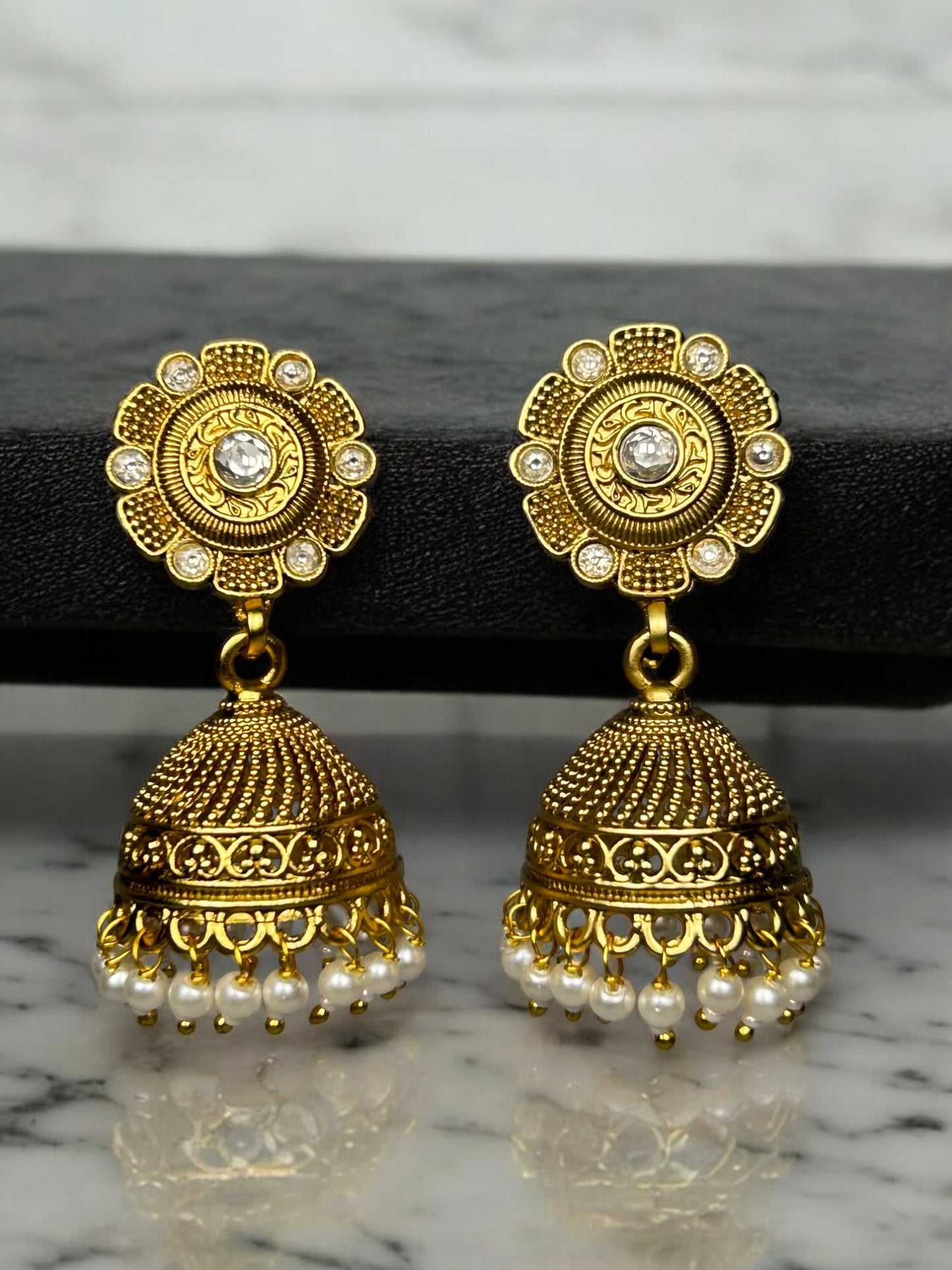 Gold Jhumkas with AD and Pearl Beads