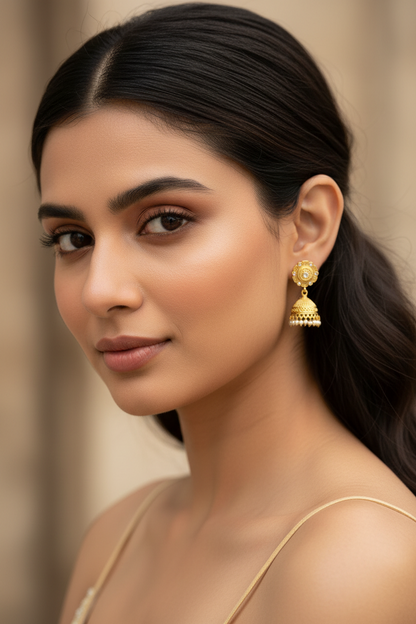 Gold Jhumkas with AD and Pearl Beads