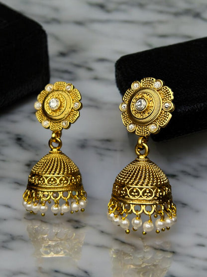 Gold Jhumkas with AD and Pearl Beads