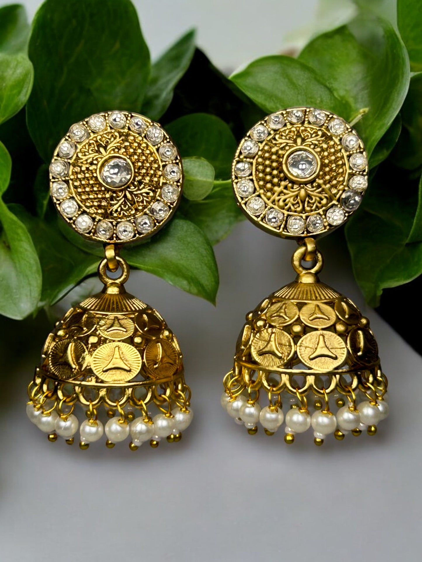 Gold Jhumkas with AD and Pearl Beads