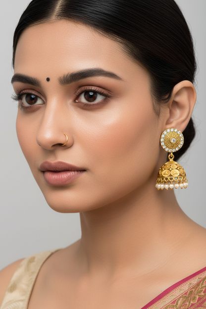 Gold Jhumkas with AD and Pearl Beads