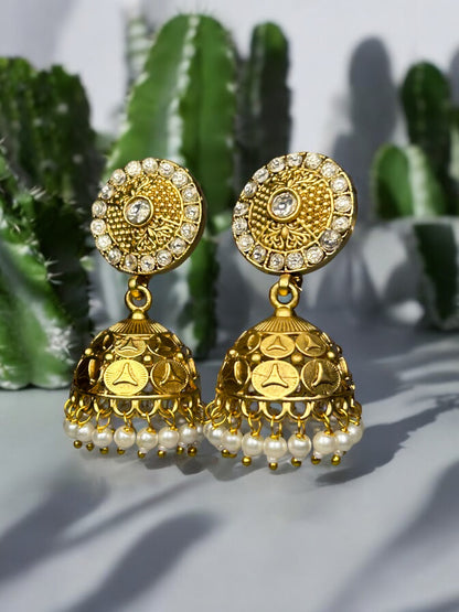 Gold Jhumkas with AD and Pearl Beads