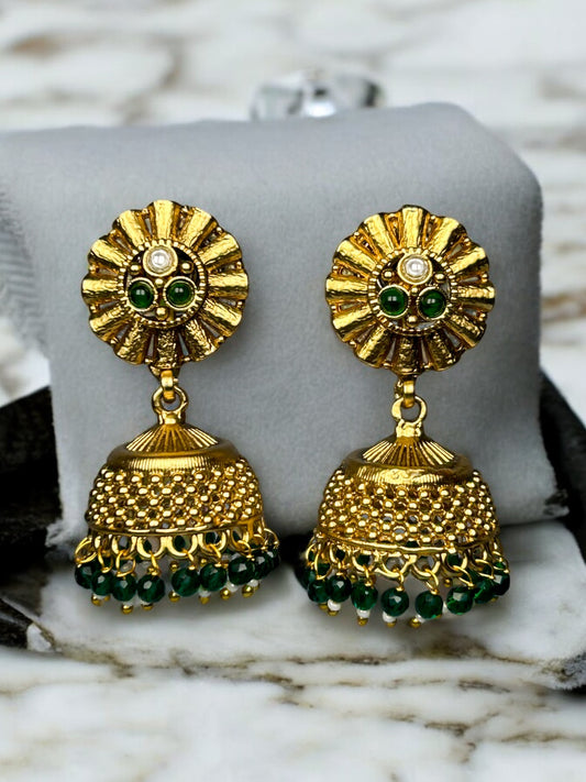 Gold Plated Jhumkis with Emerald Green Beads