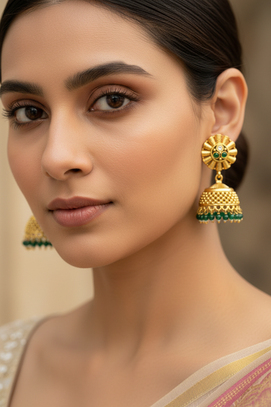 Gold Plated Jhumkis with Emerald Green Beads
