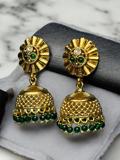 Gold Jhumkas with Emerald Green Beads