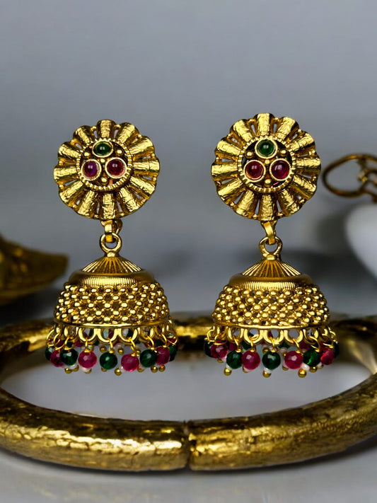 Gold Jhumkis with Colourful Beads