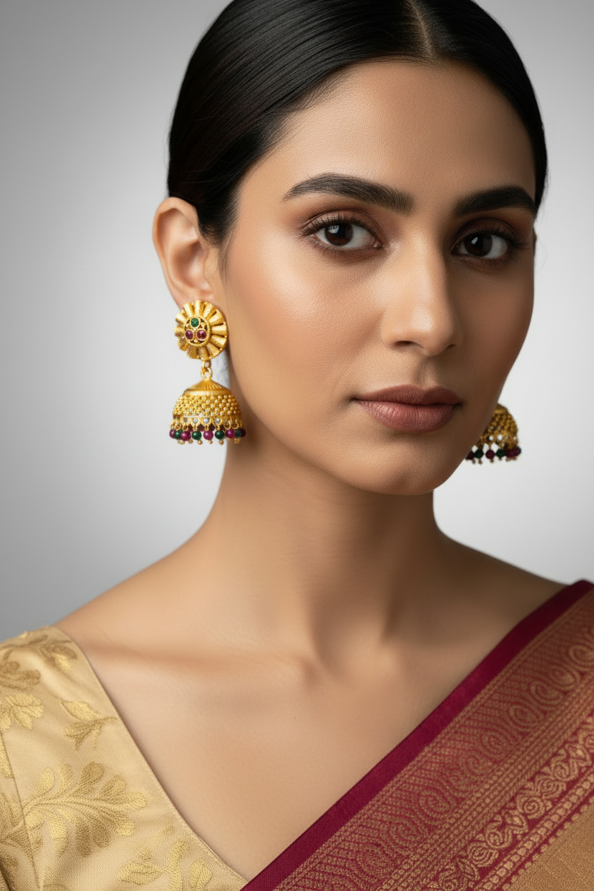 Gold Jhumkis with Colourful Beads