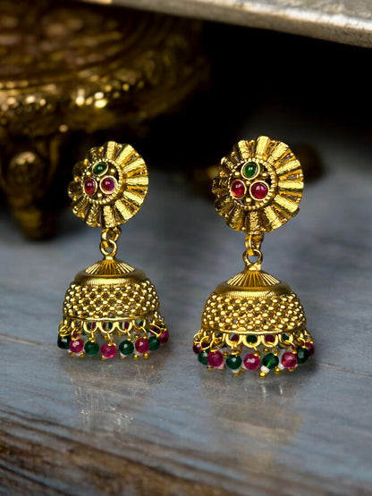 Gold Jhumkas with Colourful Beads