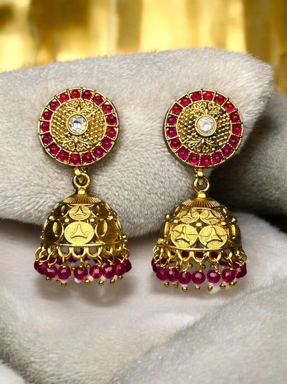 Gold Jhumkas with AD and Ruby Beads