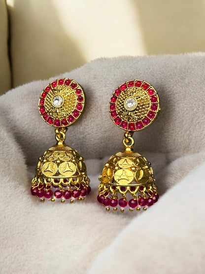 Gold Jhumkas with AD and Ruby Beads