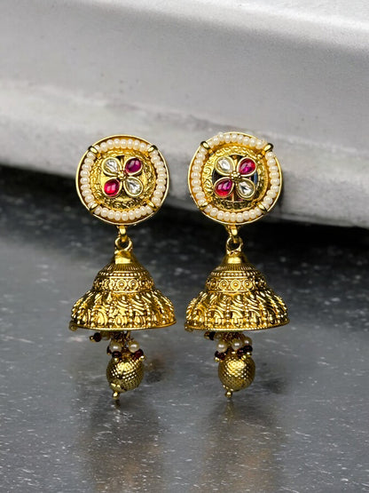 Gold Jhumkas with Pearl Beads