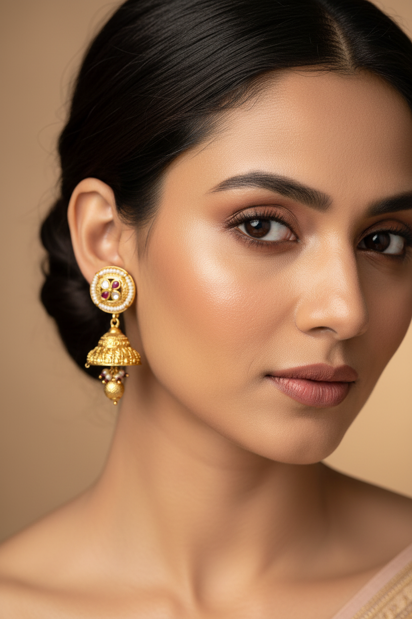 Gold Jhumkis with Pearl Beads