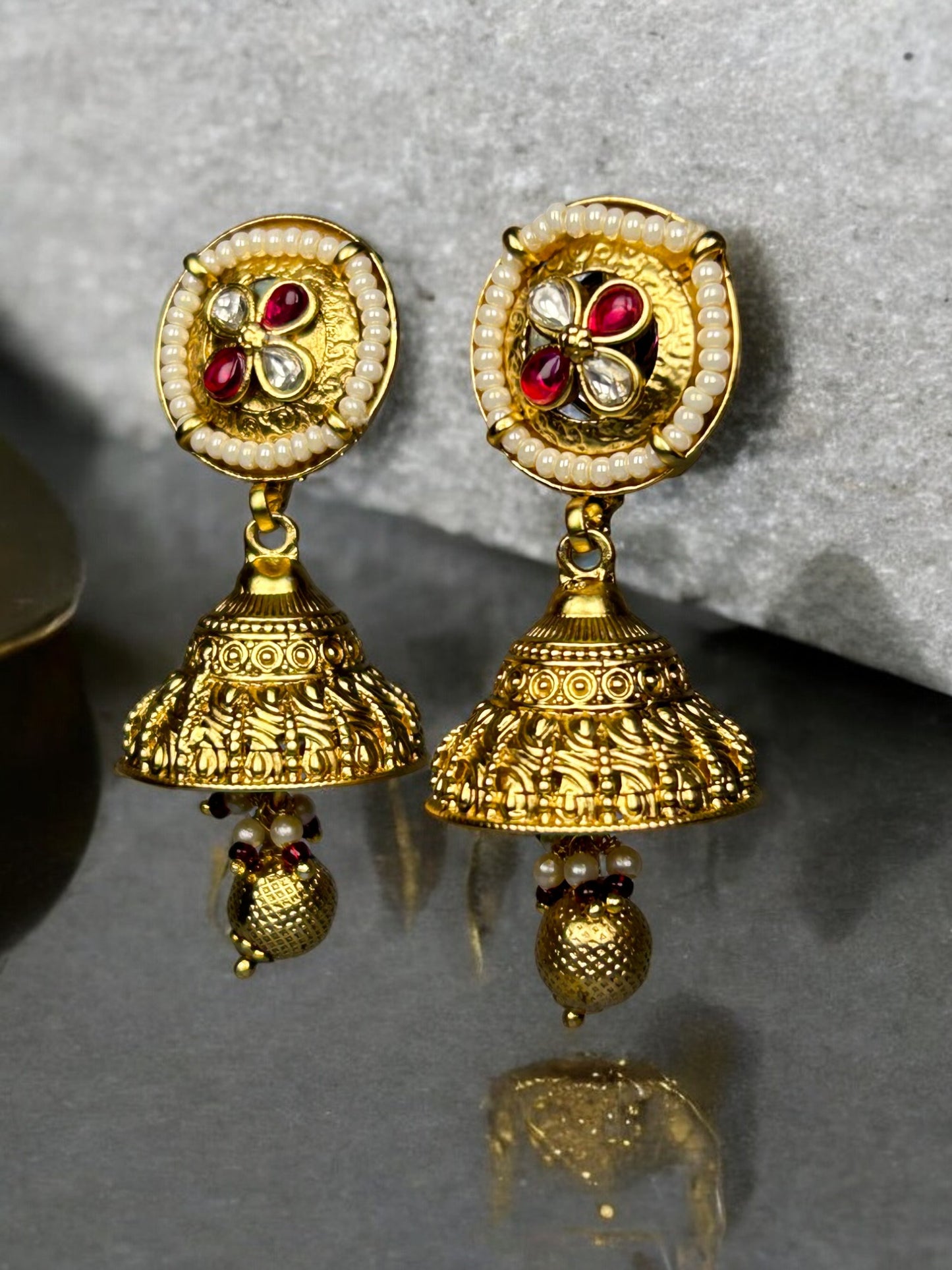 Gold Jhumkas with Pearl Beads