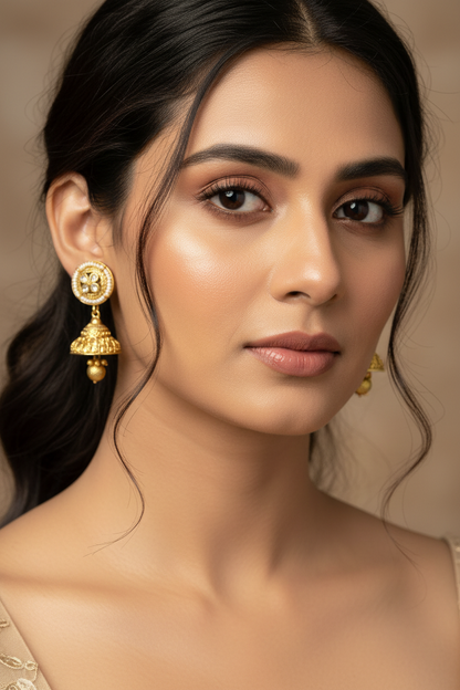 Gold Plated Jhumkis with AD and Pearls