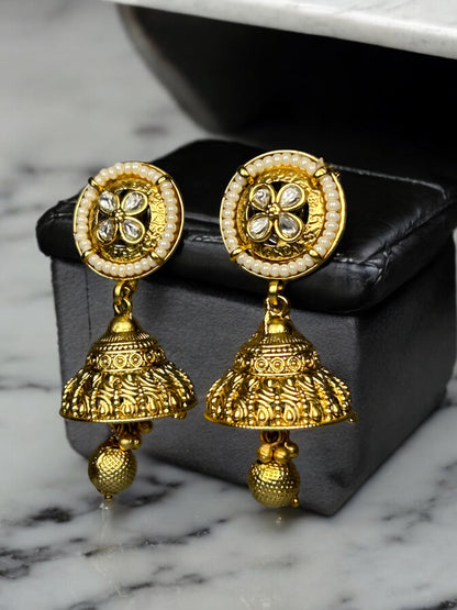 Gold Jhumkas with AD and Pearls