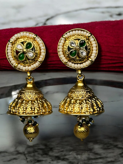 Gold Jhumkas with Pearl Beads