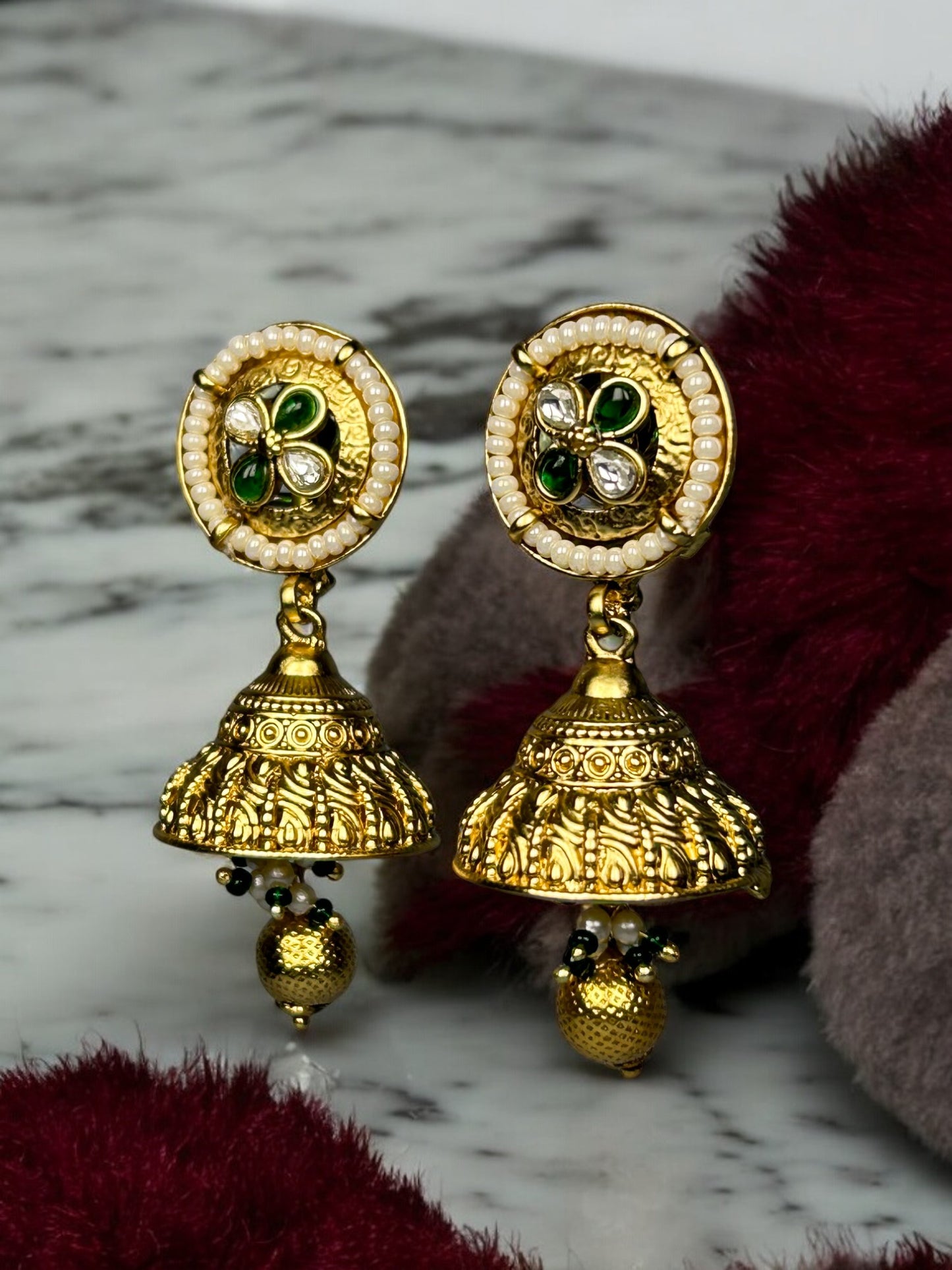 Gold Jhumkas with Pearl Beads