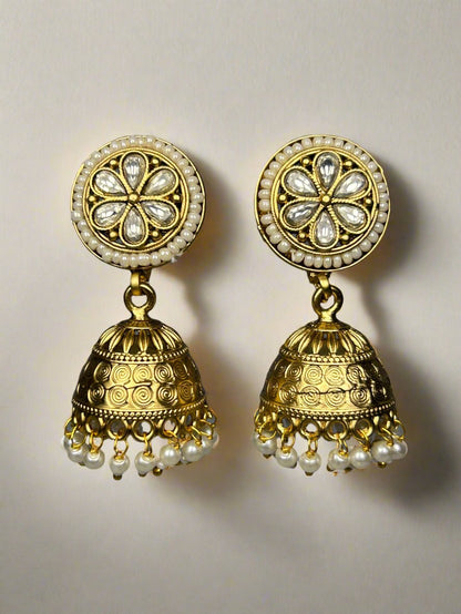 Gold Jhumkas with AD and Pearl Beads