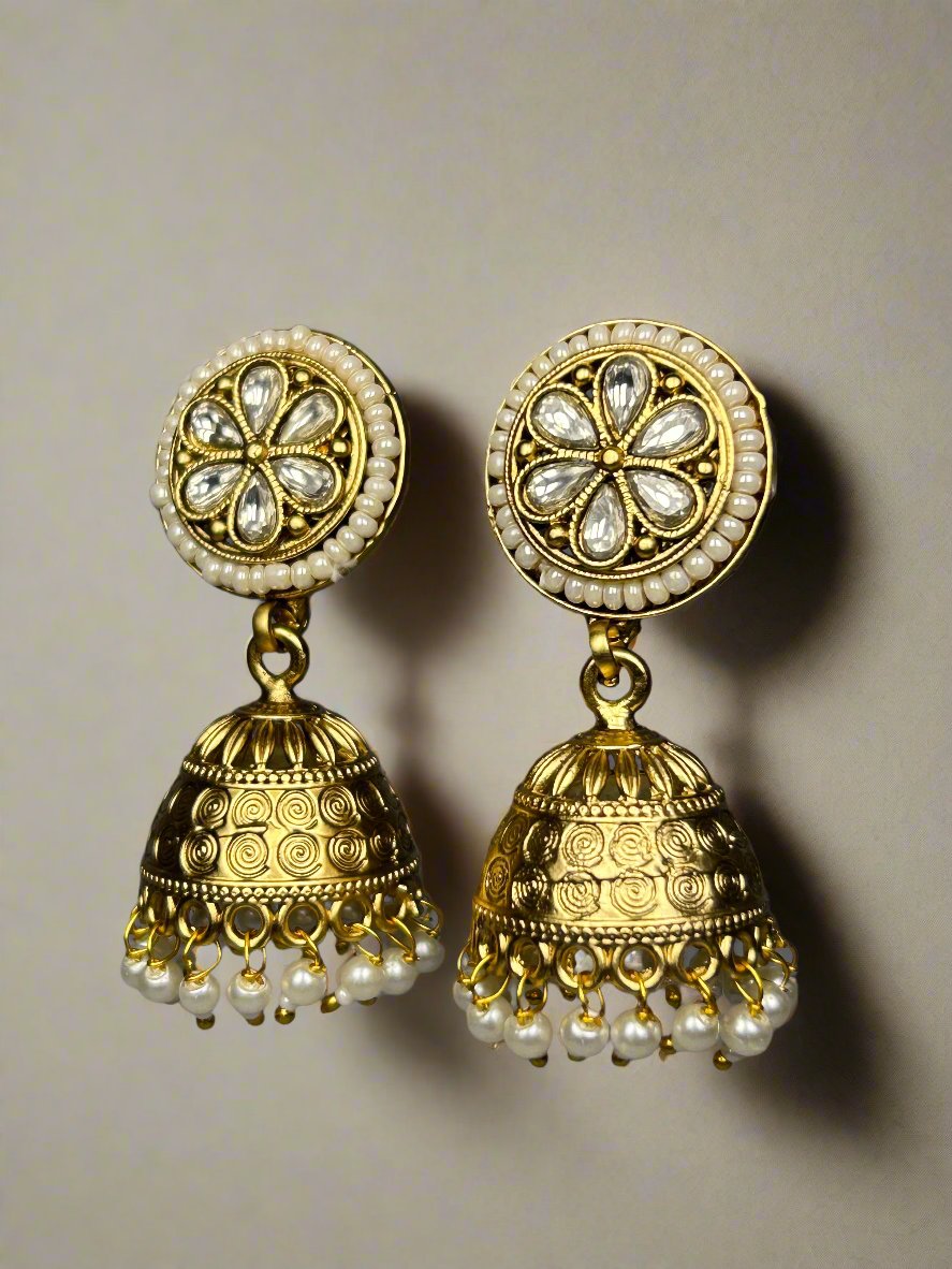 Gold Jhumkas with AD and Pearl Beads