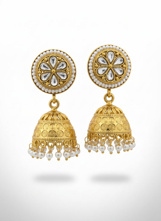 Gold Jhumkis with AD and Pearl Beads