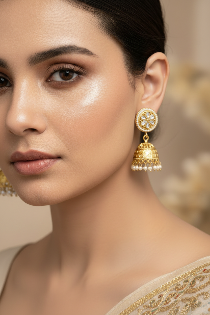 Gold Jhumkis with AD and Pearl Beads