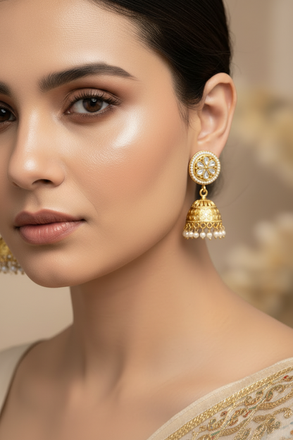 Gold Jhumkis with AD and Pearl Beads