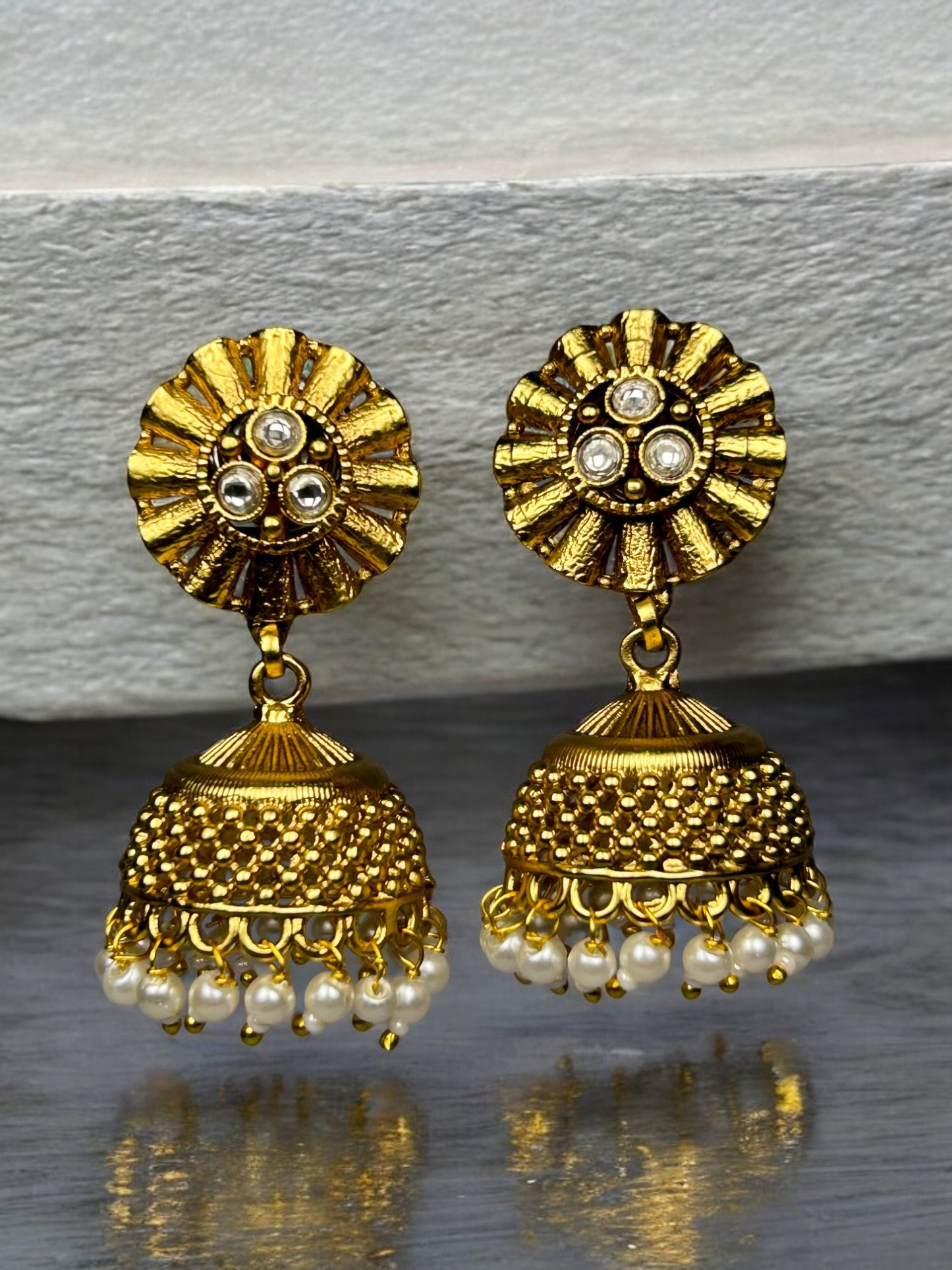 Gold Jhumkas with AD and Pearl Beads