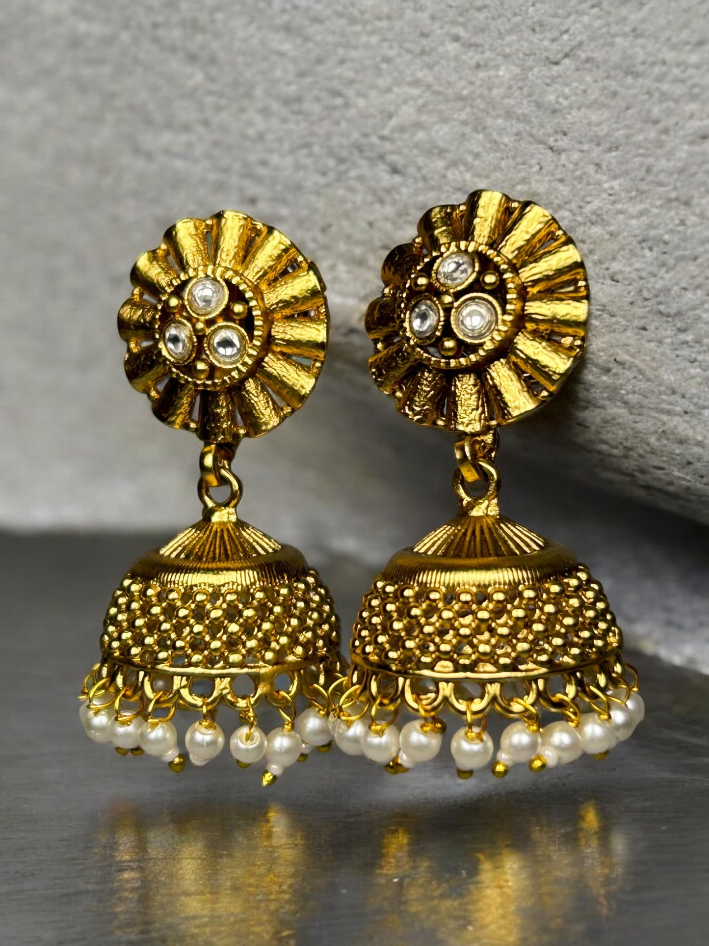 Gold Jhumkas with AD and Pearl Beads