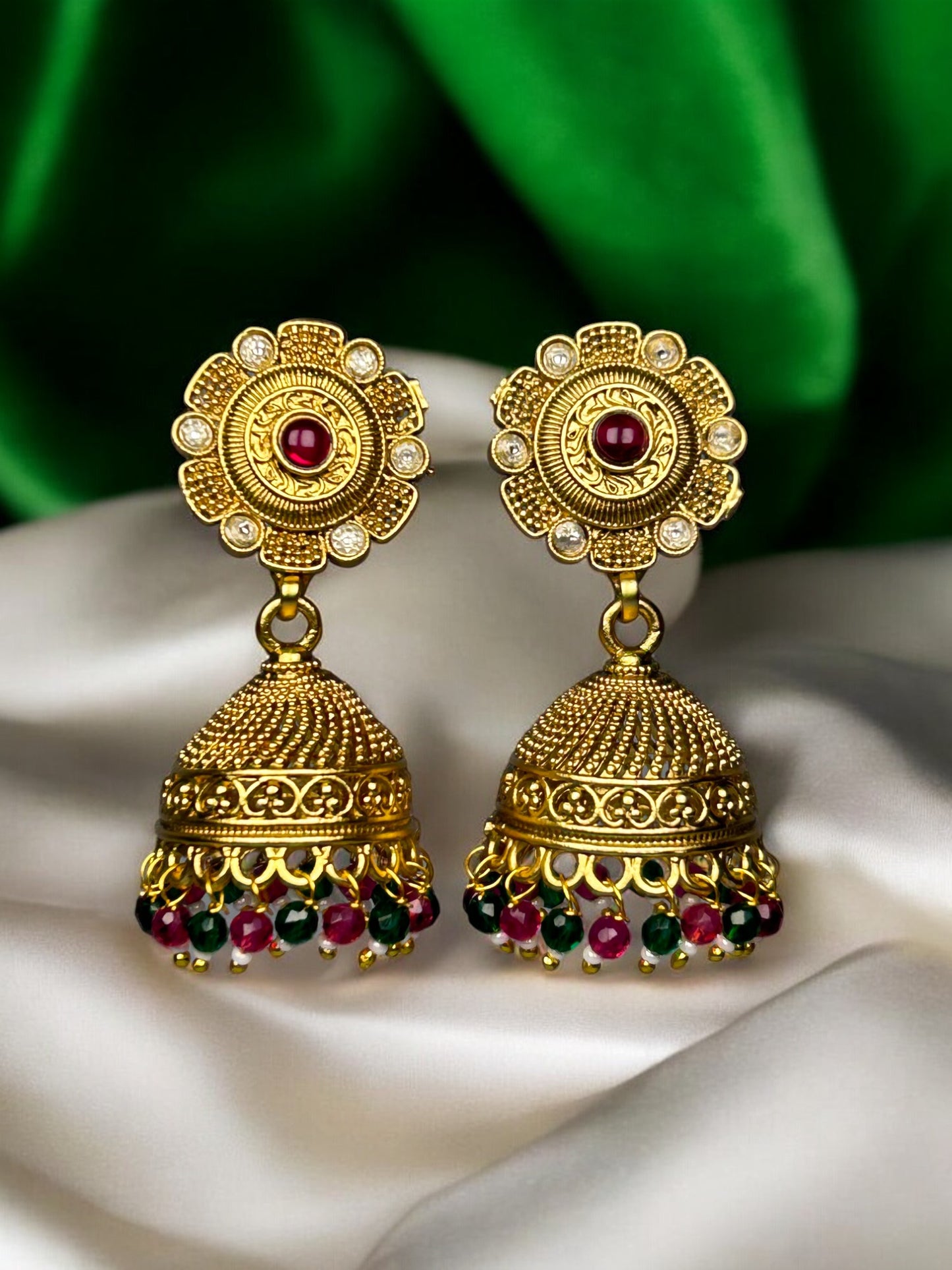 Gold Jhumkas with AD and Colourful Beads