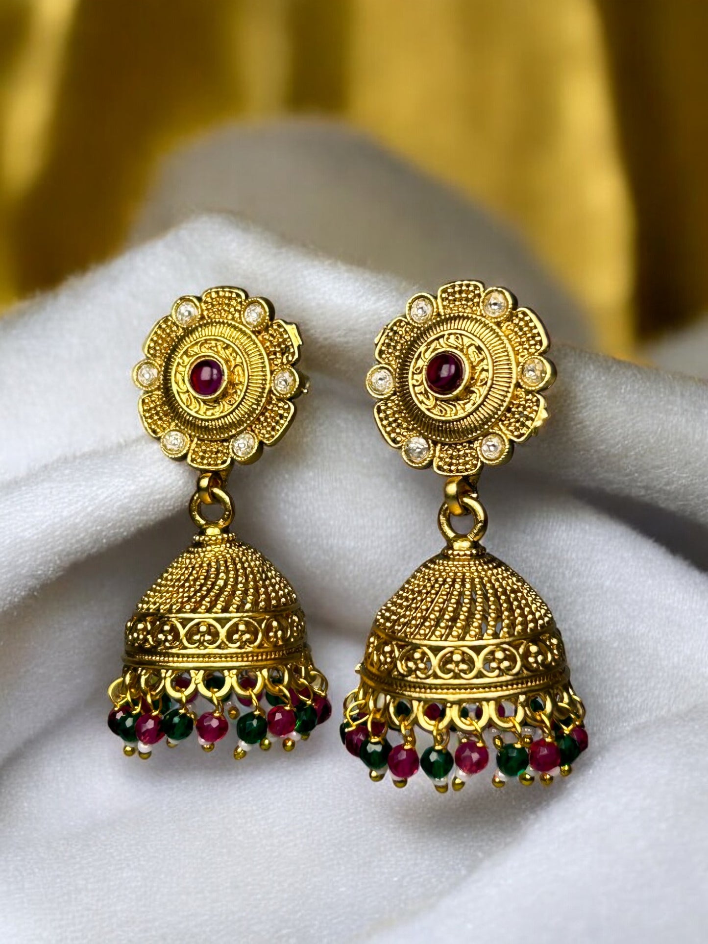 Gold Jhumkas with AD and Colourful Beads