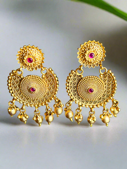 Gold and Ruby Earrings with dangling Beads