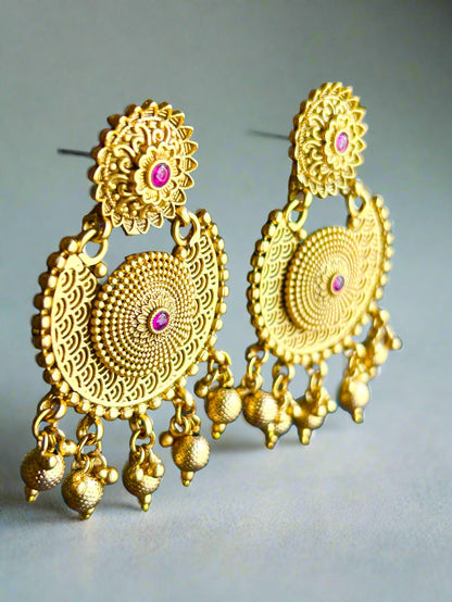 Gold and Ruby Earrings with dangling Beads