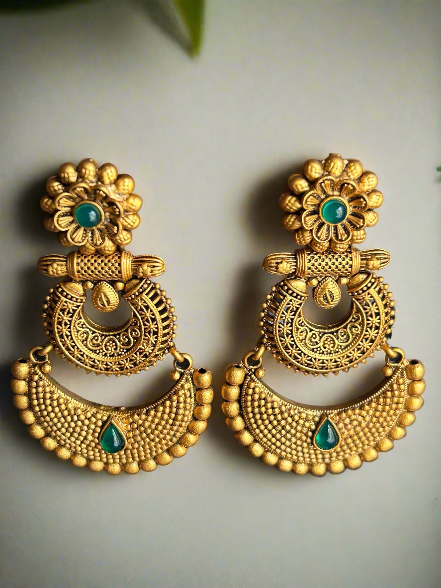 Gold Plated Antique Two-Tier Chandbali Earrings