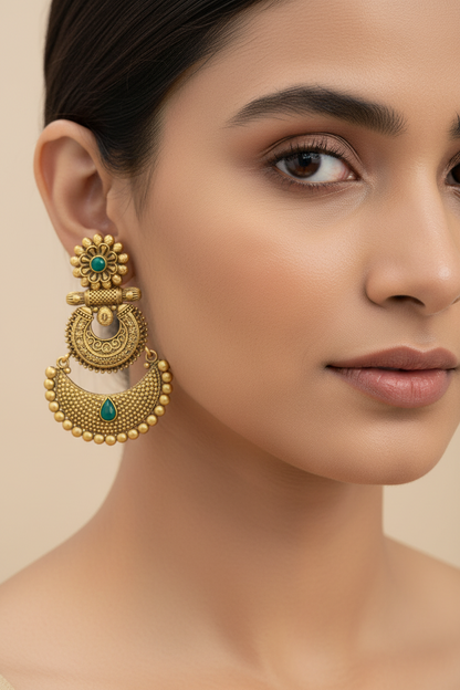 Gold Plated Antique Two-Tier Chandbali Earrings