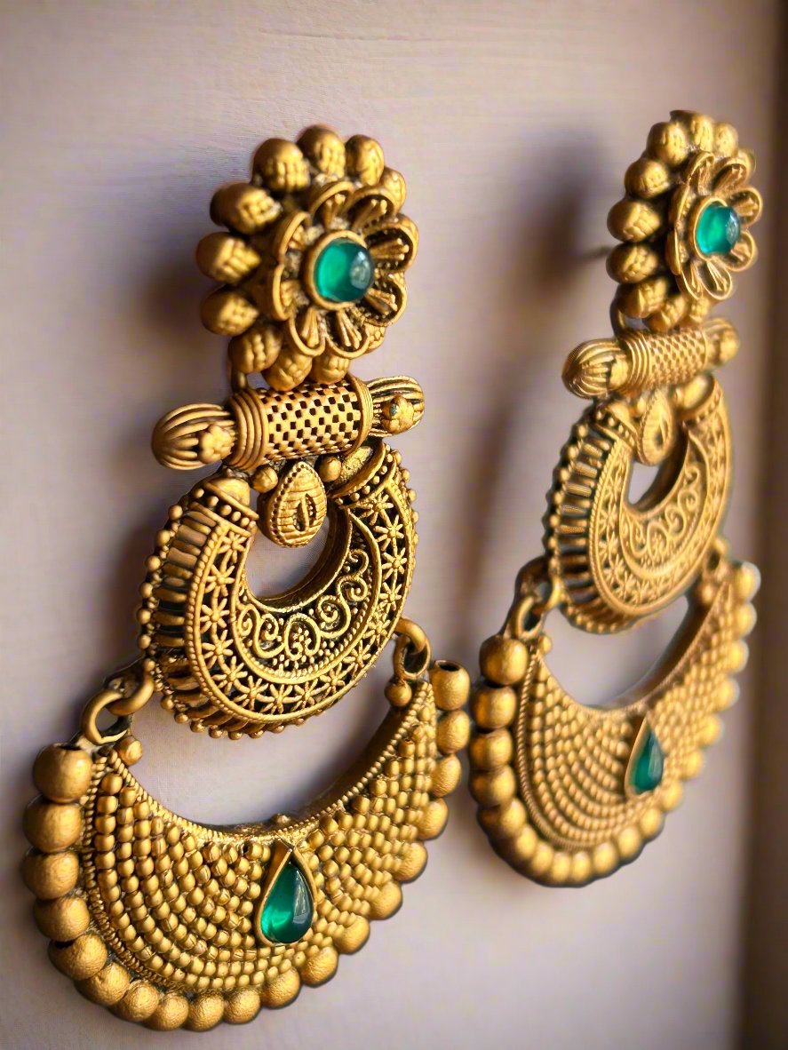 Gold Plated Antique Two-Tier Chandbali Earrings