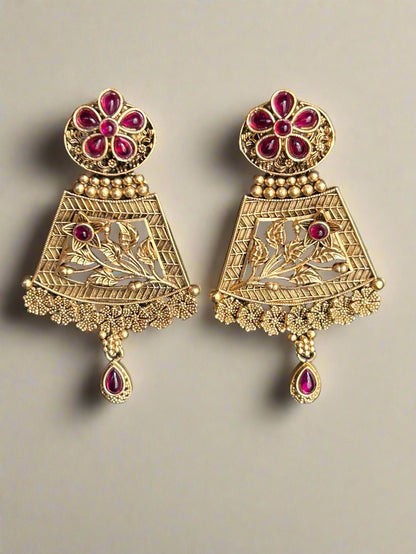 Antique Gold Plated Dangler Earrings with Rubies