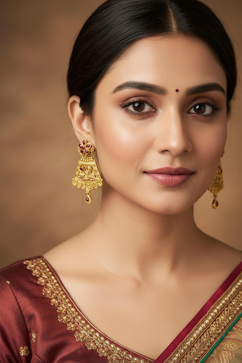 Antique Gold Plated Dangler Earrings with Rubies