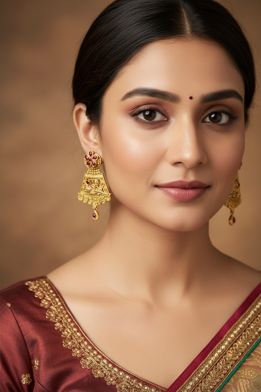 Antique Gold Plated Dangler Earrings with Rubies