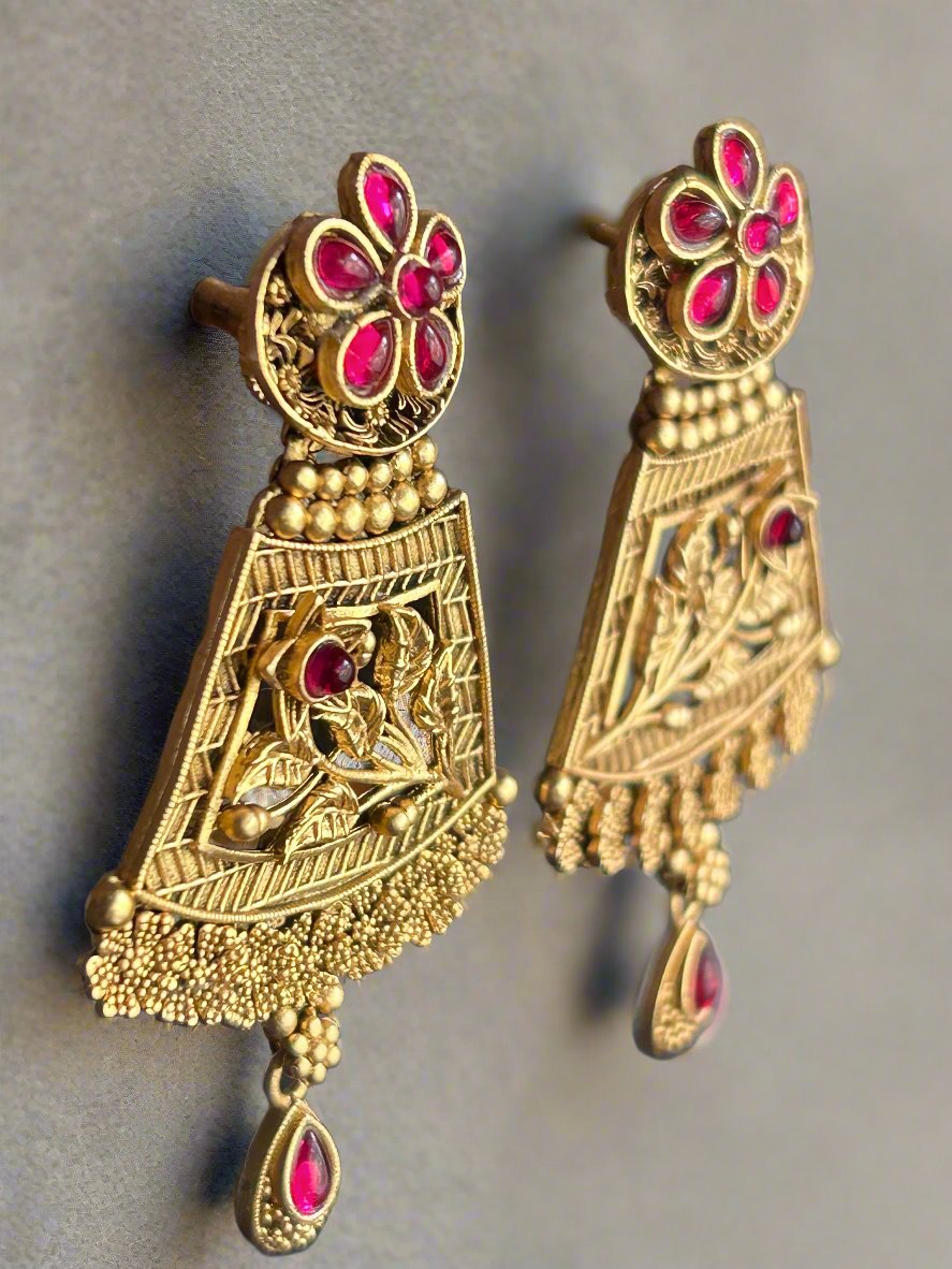 Antique Gold Plated Dangler Earrings with Rubies