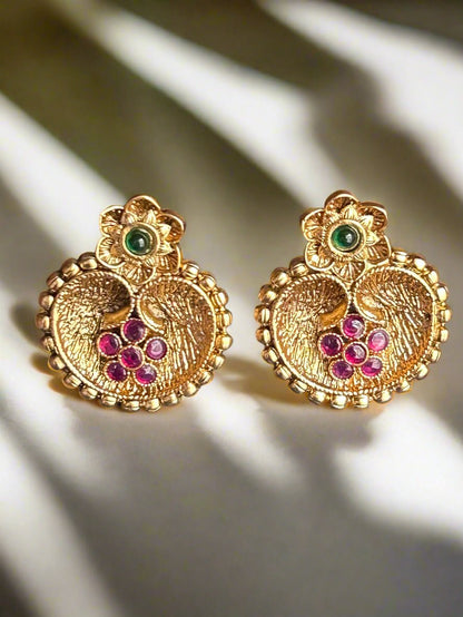 Gold Plated Stud Earrings with Rubies and Emerald