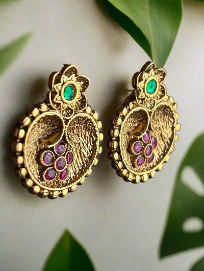 Gold Plated Stud Earrings with Rubies and Emerald