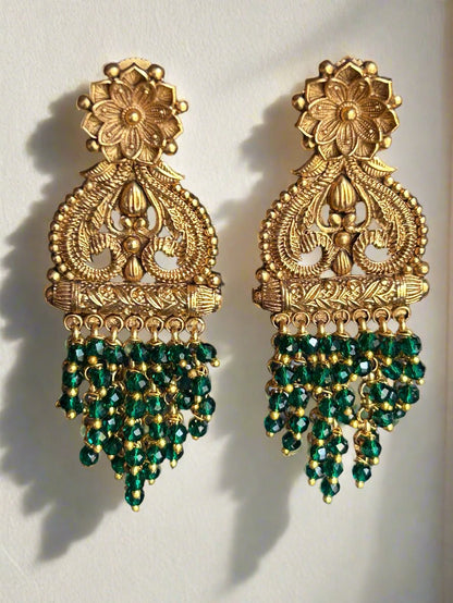 Antique Gold Plated Green Beads Earrings