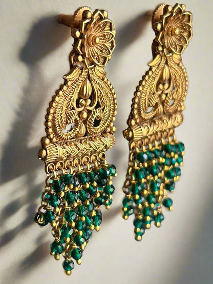 Antique Gold Plated Green Beads Earrings