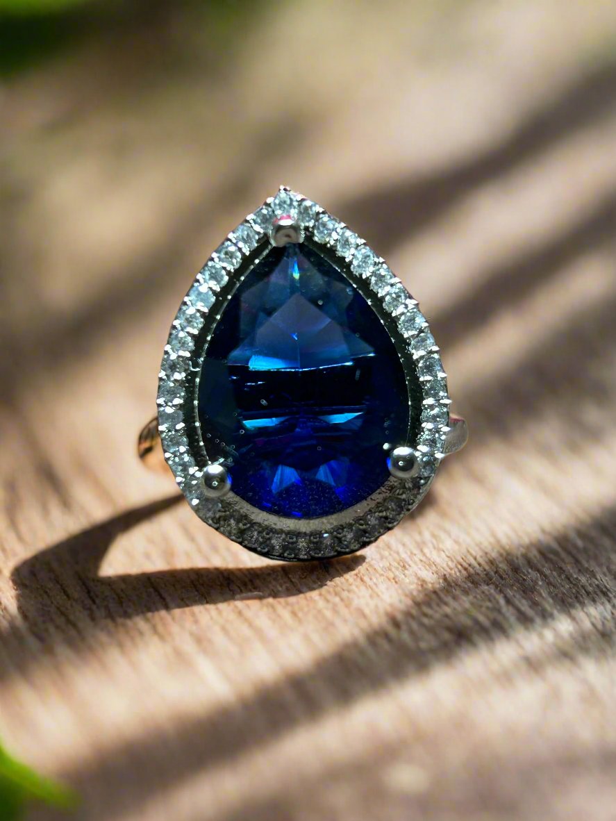 Tear Drop Cluster AD and Blue Sapphire Ring